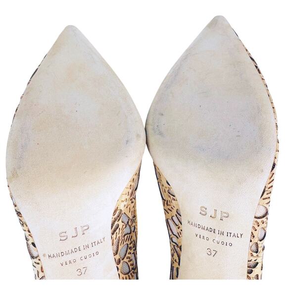 SJP Sarah Jessica Parker Fawn Cork Floral Cutout Stiletto Heels Tan EU 37 US 6.5 - Picture 10 of 11